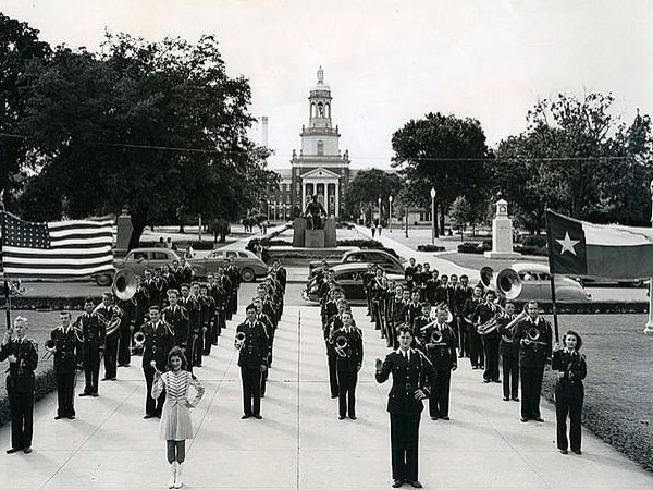 Historical photos of The Golden Wave Band in front of Patt Neff Hall