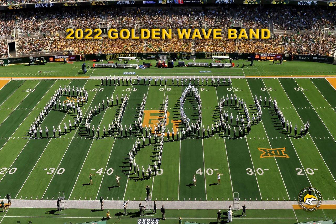 Baylor University Golden Wave Band spells 'Baylor' on the field